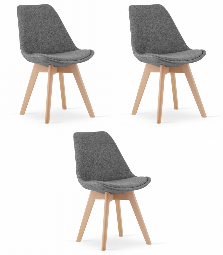 NORI Stuhl – grauer Stoff ohne Knöpfe – natürliche Beine x 3