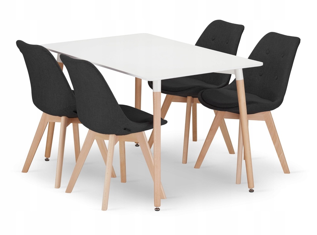 Set aus rechteckigem ADRIA-Tisch 120 x 80 cm in Weiß + 4 schwarzen NORI-Stühlen