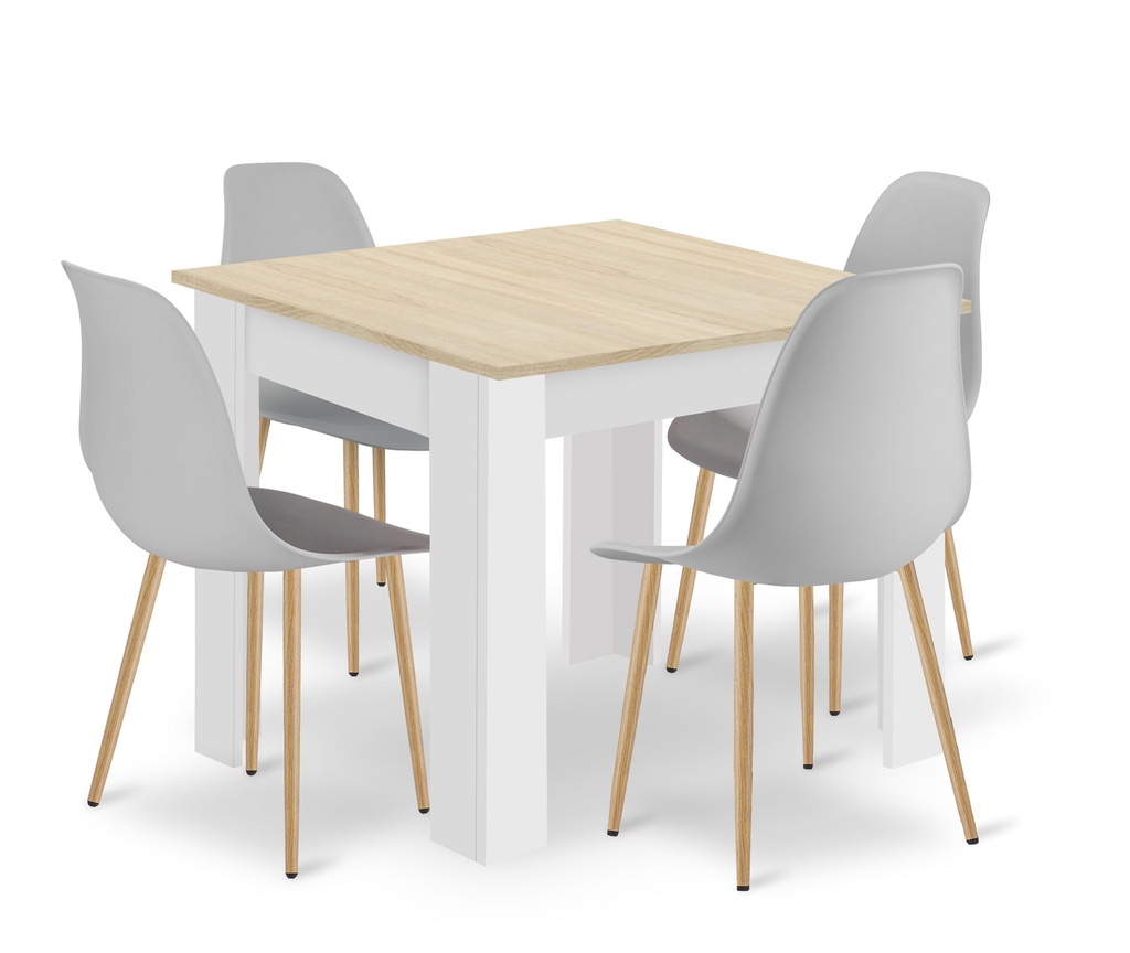 Set NP Tisch 80x80cm Sonoma Eiche + Weiß + 4 WAT graue Stühle / Naturbeine