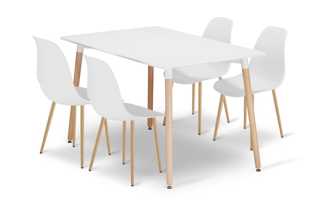 ADRIA Tischset 120cm x 80cm - weiß + 4 WAT weiße Stühle / Naturbeine