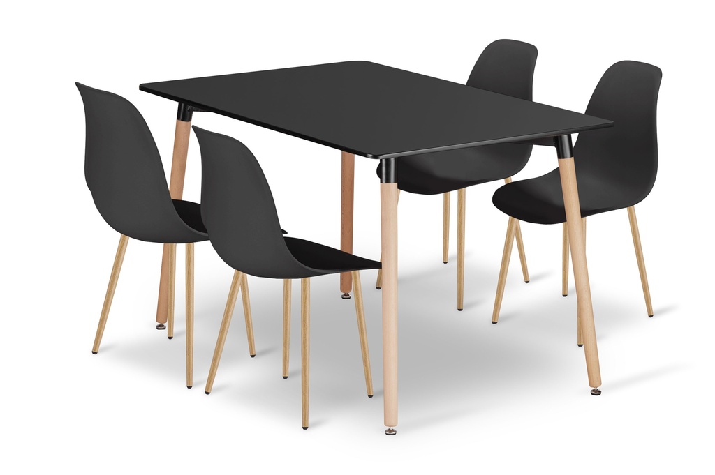 ADRIA Tischset 120cm x 80cm - schwarz + 4 WAT Stühle schwarz / Beine natur