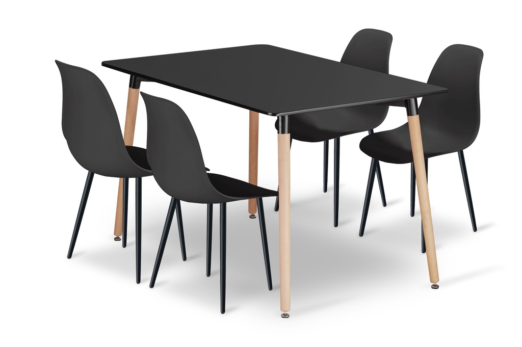 ADRIA Tischset 120cm x 80cm - schwarz + 4 WAT schwarze Stühle / schwarze Beine