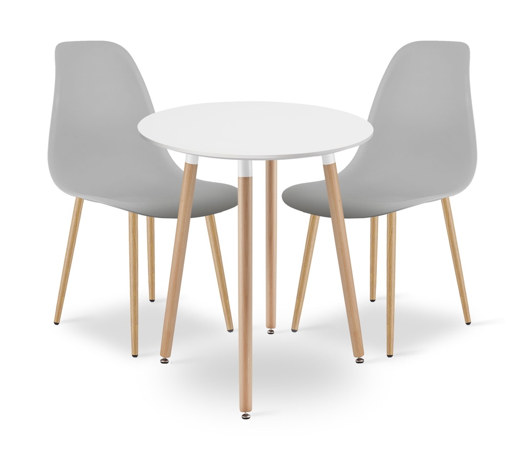KAMI Tischset rund 60 cm – weiß / natürliche Beine + 2 WAT-Stühle grau / natürliche Beine