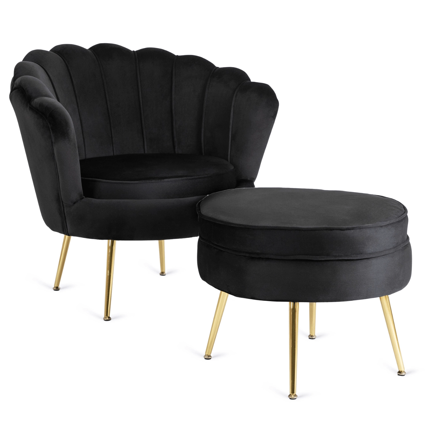 GRAND Sessel mit Fußhocker, schwarzer Velours