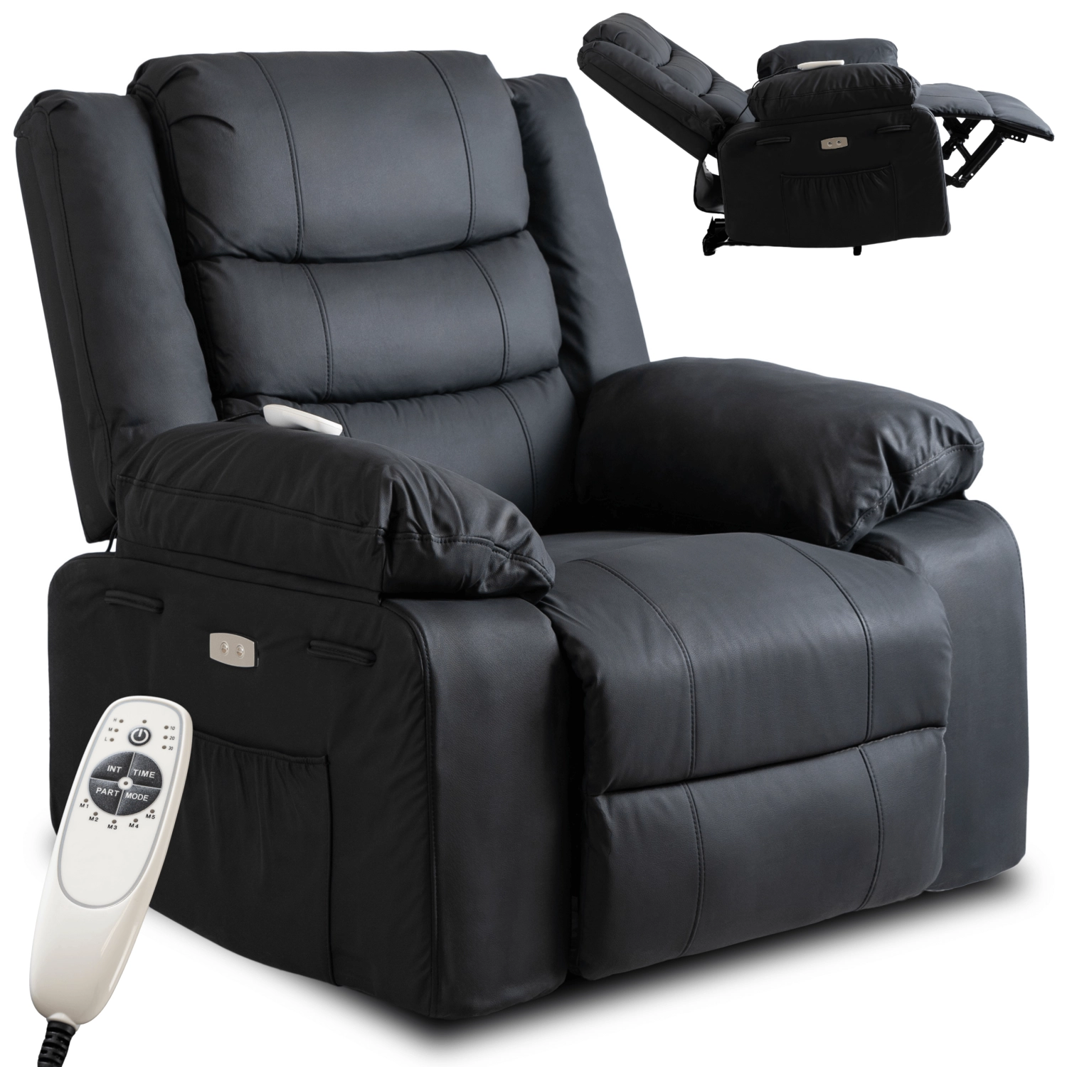 [ME.JASPER/CZ/E/FW] Elektrischer Massage-Liegestuhl JASPER, schwarzes Öko-Leder