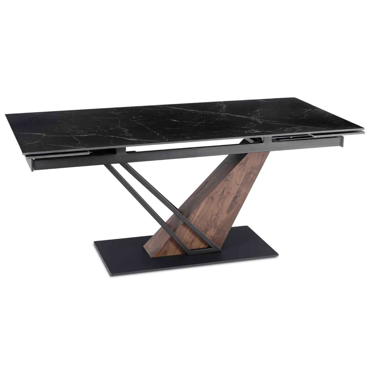 Ausziehbarer Tisch REX 2 aus Keramik, 180–240 cm, schwarzer Marmor/Walnuss