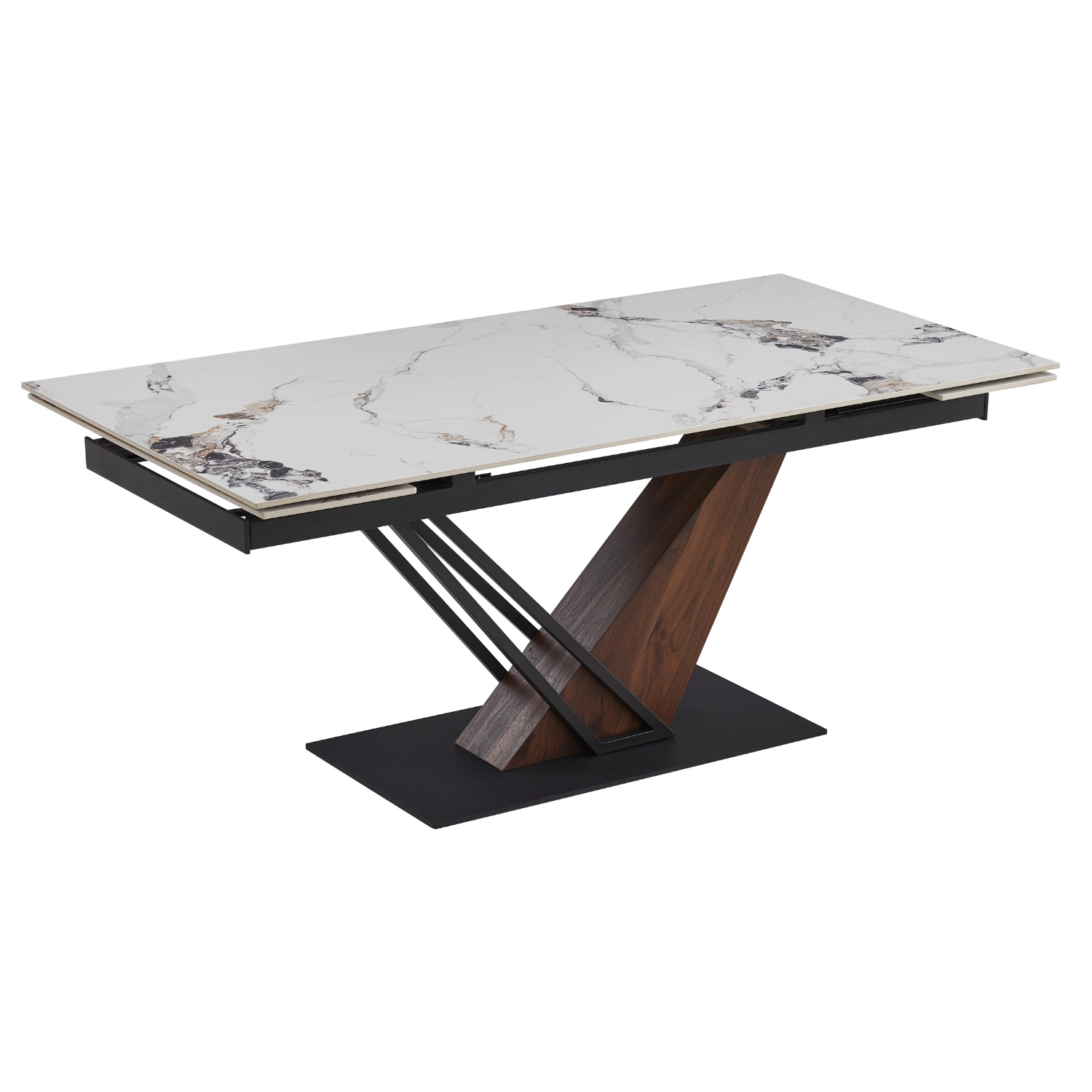 Ausziehbarer Tisch REX 2 aus Keramik, 180–240 cm, weißer Marmor/Walnuss