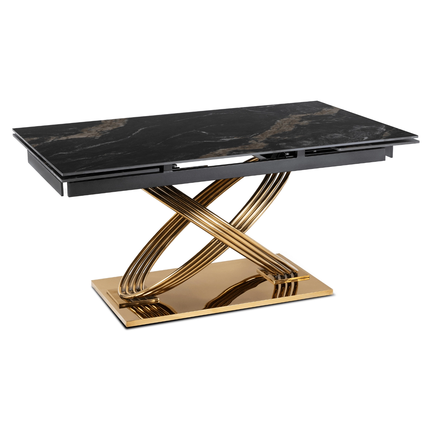 Ausziehbarer Tisch IBIZA aus Keramik, 160–240 cm, schwarzer Marmor/Gold