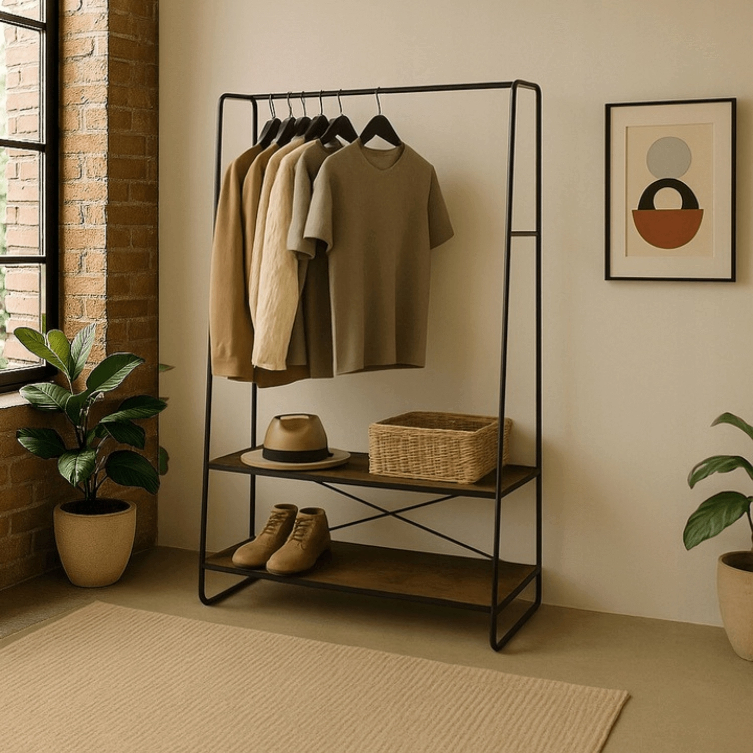 Fluraufhänger JOEL 100 cm mit Regalen Rustikale Eiche/Schwarz