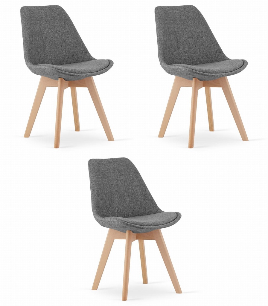 NORI Stuhl – grauer Stoff ohne Knöpfe – natürliche Beine x 3