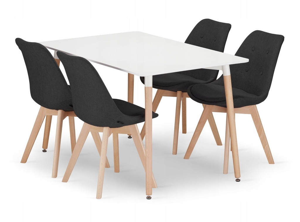 [model_3323_1-ADRIA-TRX12080+3397_4-NORI-TJUY23] Set aus rechteckigem ADRIA-Tisch 120 x 80 cm in Weiß + 4 schwarzen NORI-Stühlen