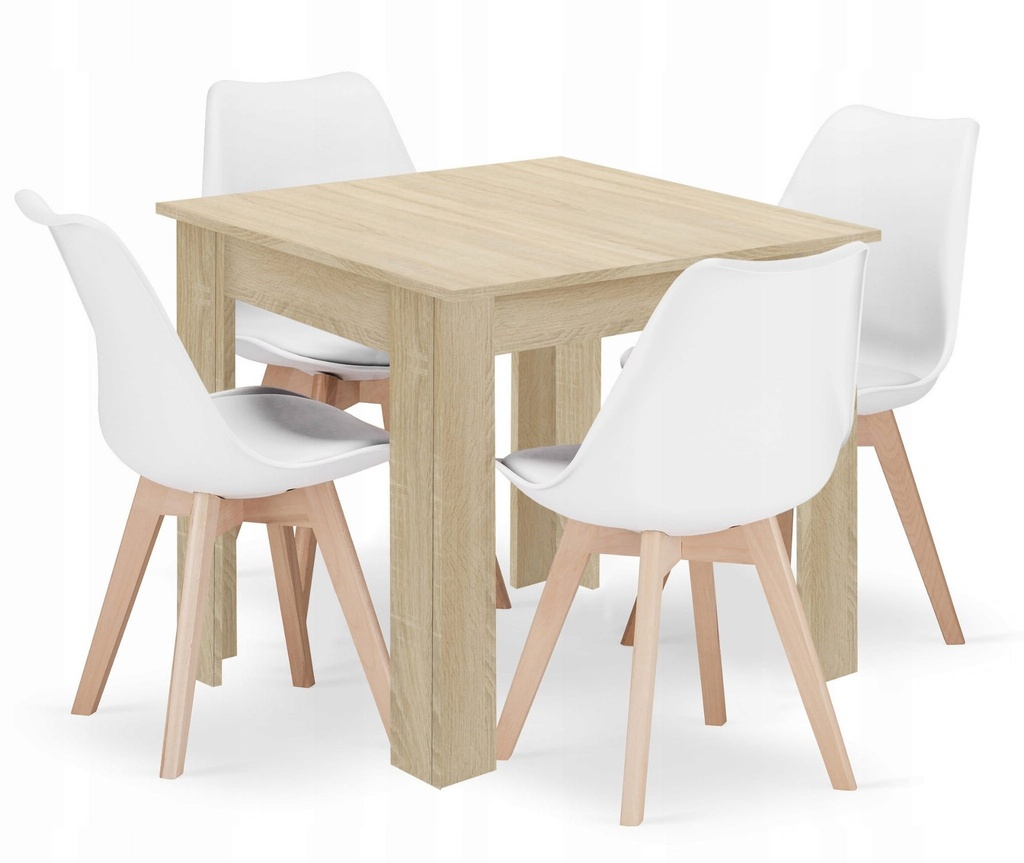 [model_15384_1+3316_4-MARK-ATTY16] Set aus quadratischem Tisch 80x80cm Sonoma-Eiche + 4 weißen MARK-Stühlen