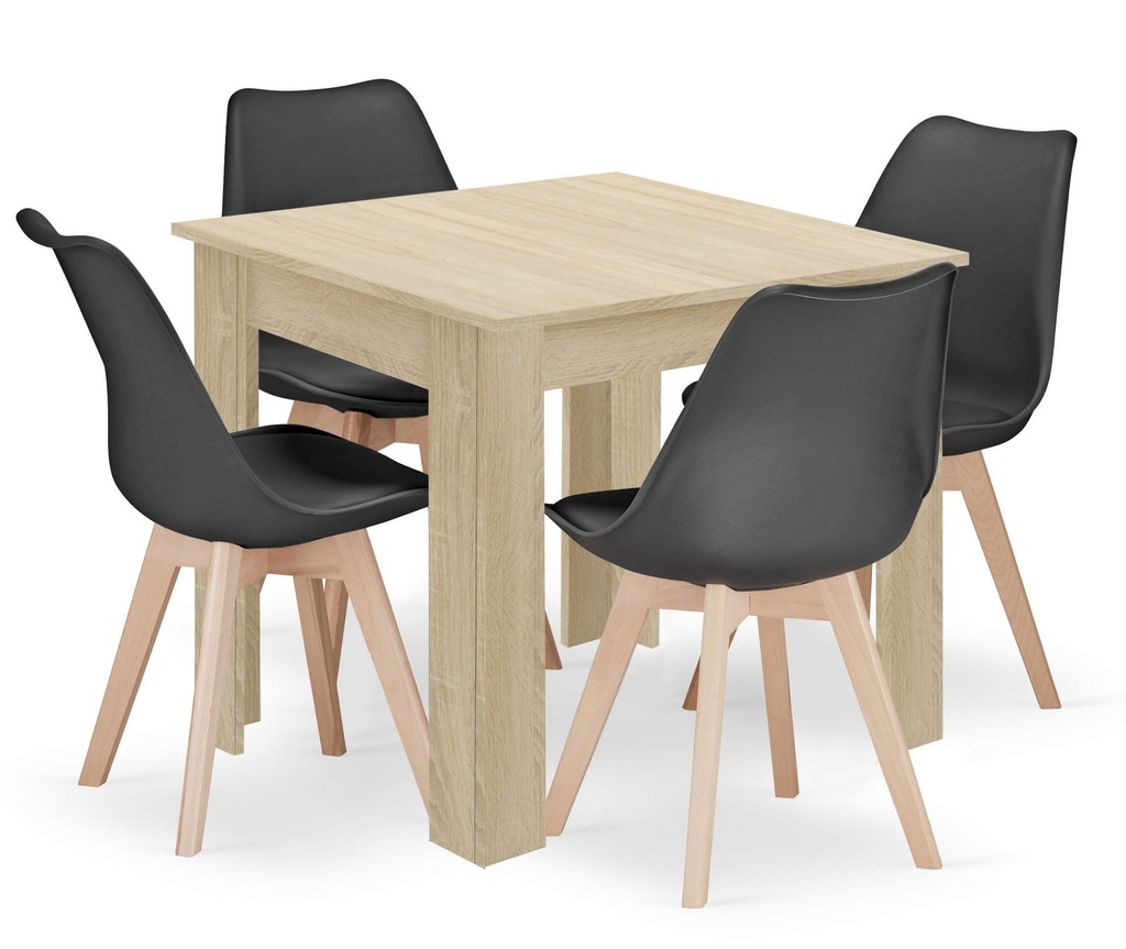 [model_15384_1+3319_4-MARK-ATTY16] Set aus quadratischem Tisch 80x80cm Sonoma-Eiche + 4 schwarzen MARK-Stühlen