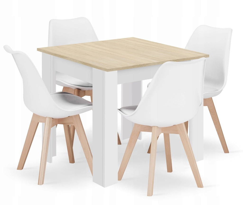 [model_15385_1+3316_4-MARK-ATTY16] Set aus quadratischem Tisch 80x80cm Sonoma-Eiche + 4 weißen MARK-Stühlen