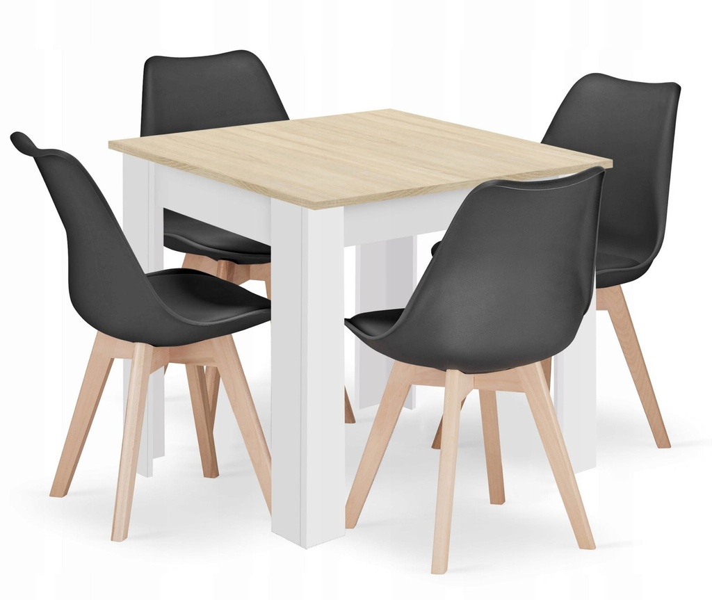 [model_15385_1+3319_4-MARK-ATTY16] Set aus quadratischem Tisch 80x80cm Sonoma-Eiche + 4 schwarzen MARK-Stühlen