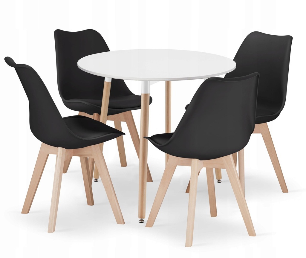 [model_3831_1-KAMI-TWX80+3319_4-MARK-ATTY16] Set aus rundem KAMI-Tisch 80 cm weiß + 4 schwarzen MARK-Stühlen