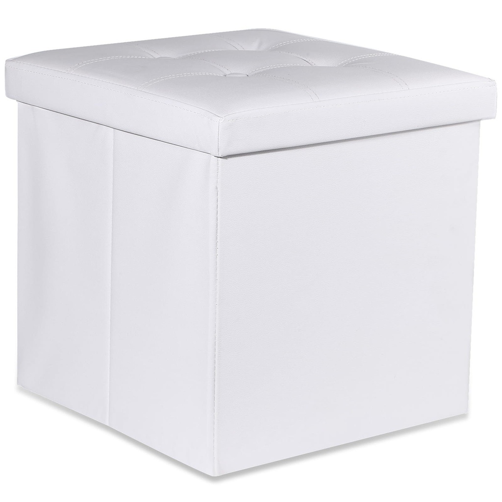 [model_15464_1] L-faltbarer Sitzhocker mit Knöpfen – 38 x 38 x 38 cm, weißes Öko-Leder