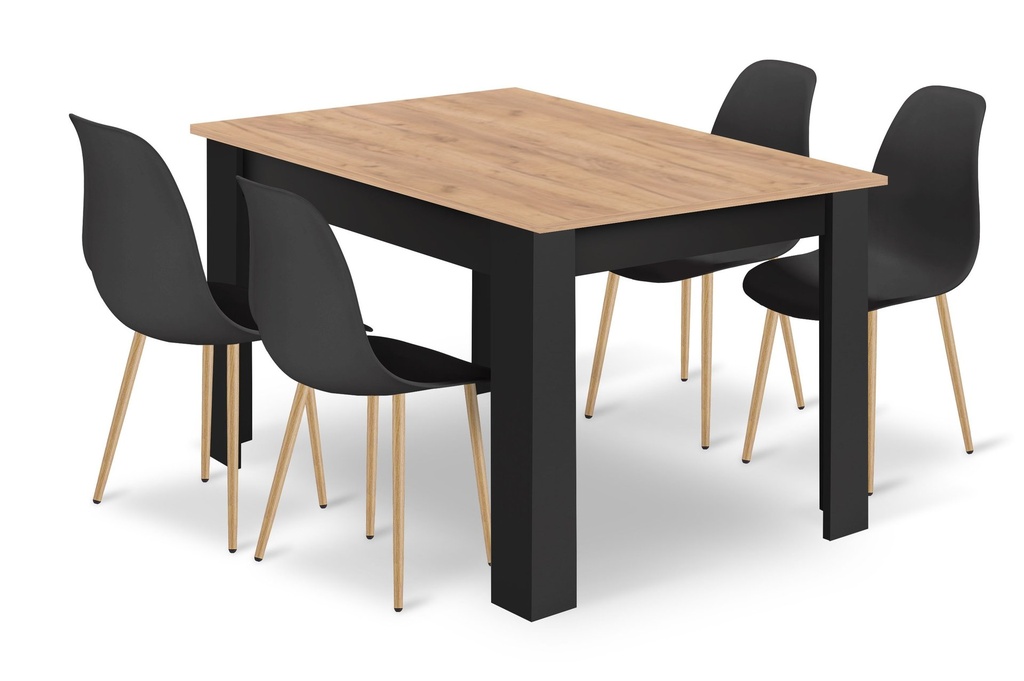 [model_15408_1+4055_4-WAT-VOL110] NP Tischset 120x80cm Craft + Schwarz + 4 WAT schwarze Stühle / natürliche Beine