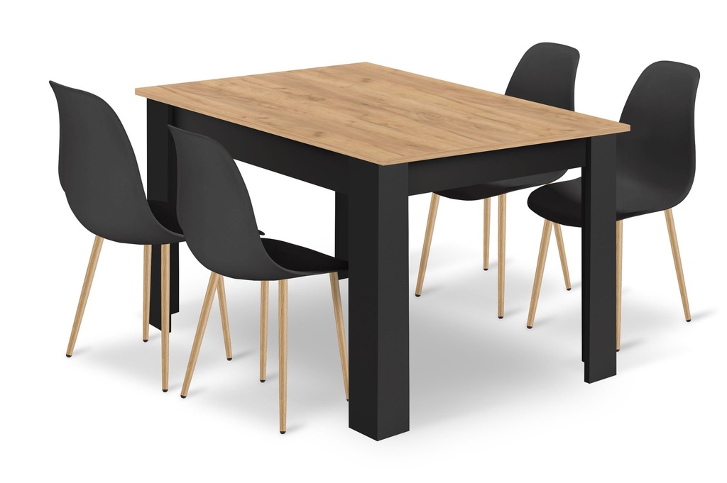 [model_15503_1+4055_4-WAT-VOL110] Set NP-Tisch 120x80cm schwarze Artisan-Beine + 4 schwarze WAT-Stühle / natürliche Beine