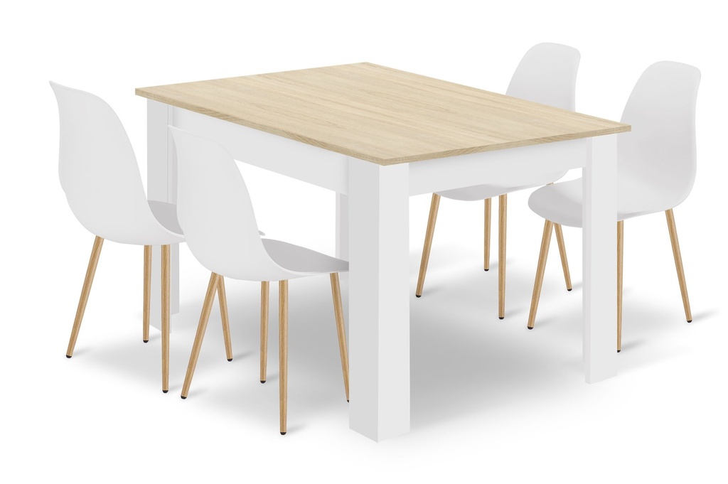 Set NP Tisch 120x80cm Sonoma Eiche + Weiß + 4 WAT weiße Stühle / Naturbeine