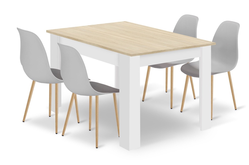 Set NP Tisch 120x80cm Sonoma Eiche + Weiß + 4 WAT graue Stühle / Naturbeine