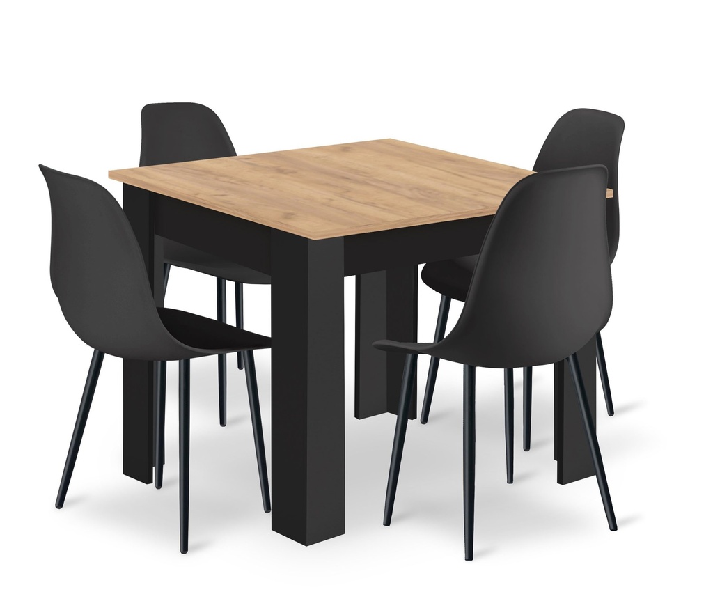 [model_15504_1+4068_4-WAT-VOL110] Set NP Tisch 80x80cm Artisan schwarze Beine + 4 WAT schwarze Stühle / schwarze Beine