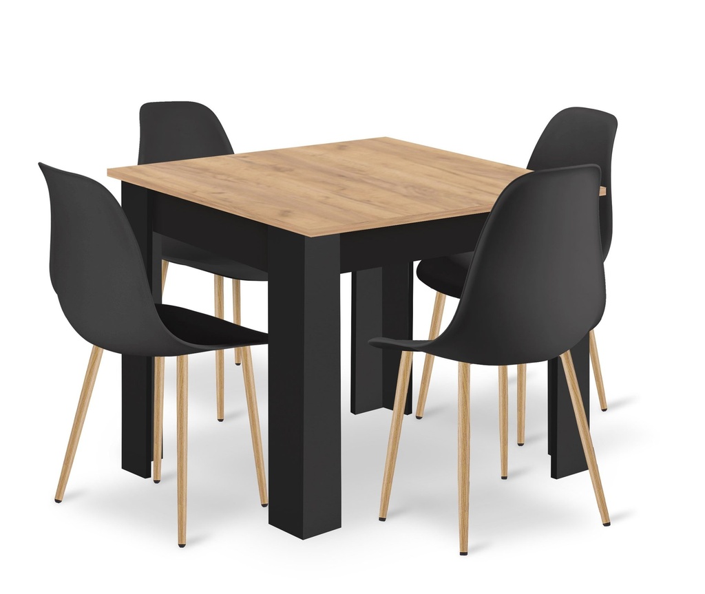 [model_15504_1+4055_4-WAT-VOL110] Set NP-Tisch 80x80cm schwarze Artisan-Beine + 4 schwarze WAT-Stühle / natürliche Beine