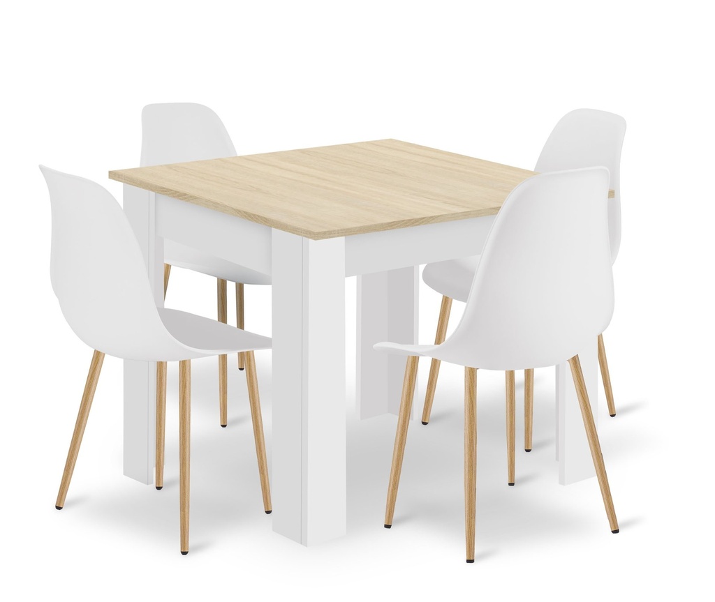 Set NP Tisch 80x80cm Sonoma Eiche + Weiß + 4 WAT weiße Stühle / Naturbeine