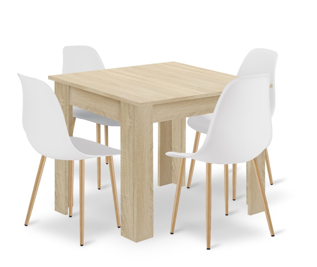 Set NP-Tisch 80x80cm Sonoma-Eiche + 4 WAT-Stühle weiß / Beine natur