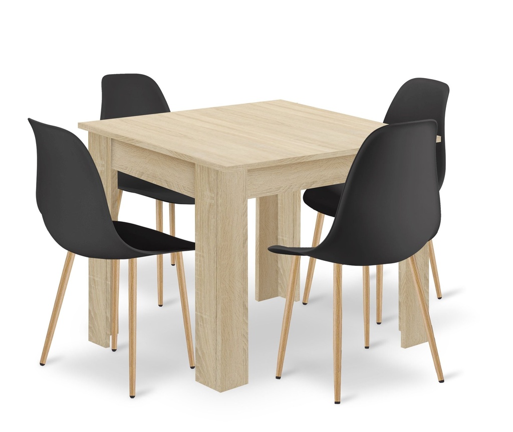 Set NP-Tisch 80x80cm Sonoma-Eiche + 4 schwarze WAT-Stühle / natürliche Beine