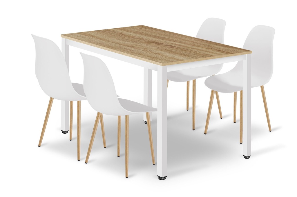 TESSA Tischset 120 cm x 60 cm – Eiche / weiße Beine + 4 weiße WAT-Stühle / natürliche Beine
