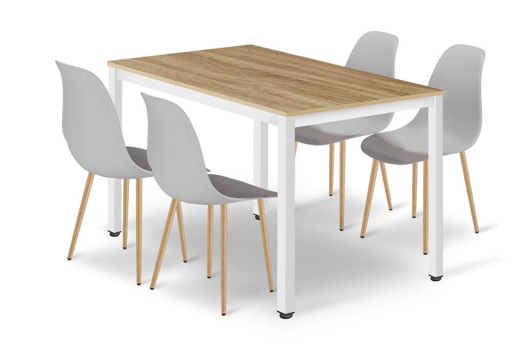 [model_3794_1-TESSA-UNY12060+4054_4-WAT-VOL110] TESSA Tischset 120 cm x 60 cm – Eiche / weiße Beine + 4 graue WAT-Stühle / natürliche Beine