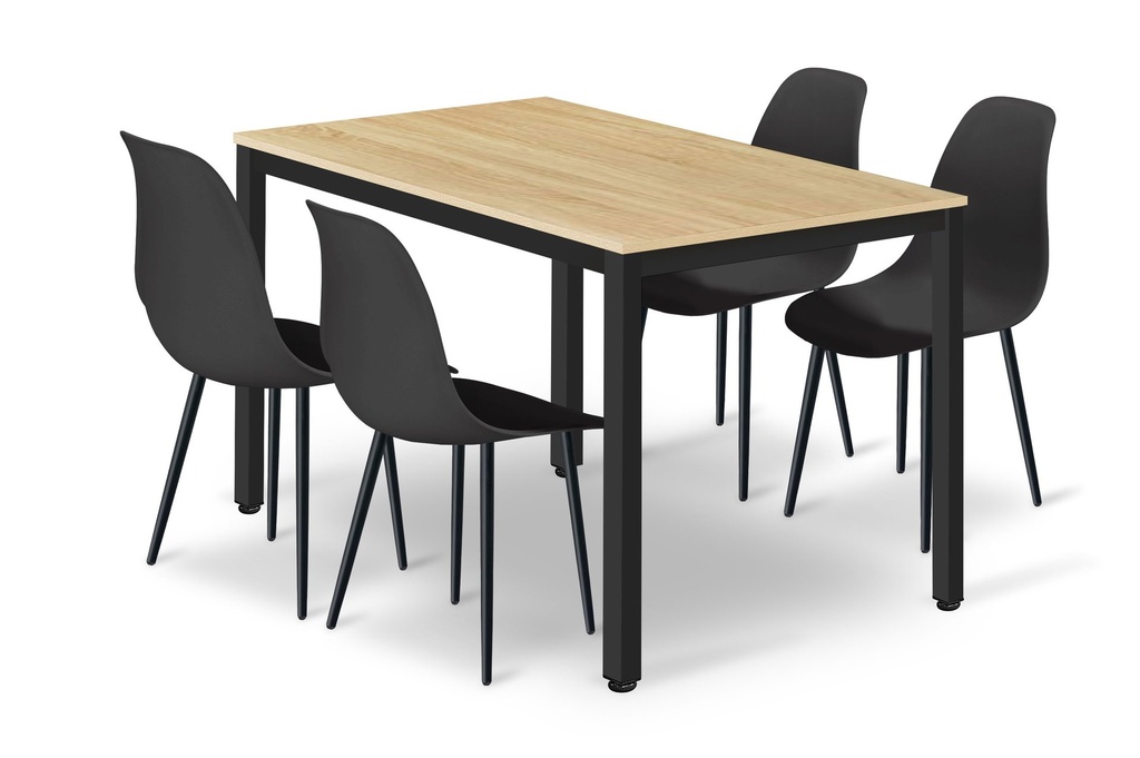TESSA Tischset 120 cm x 60 cm – Sonoma-Eiche / schwarze Beine + 4 schwarze WAT-Stühle / schwarze Beine
