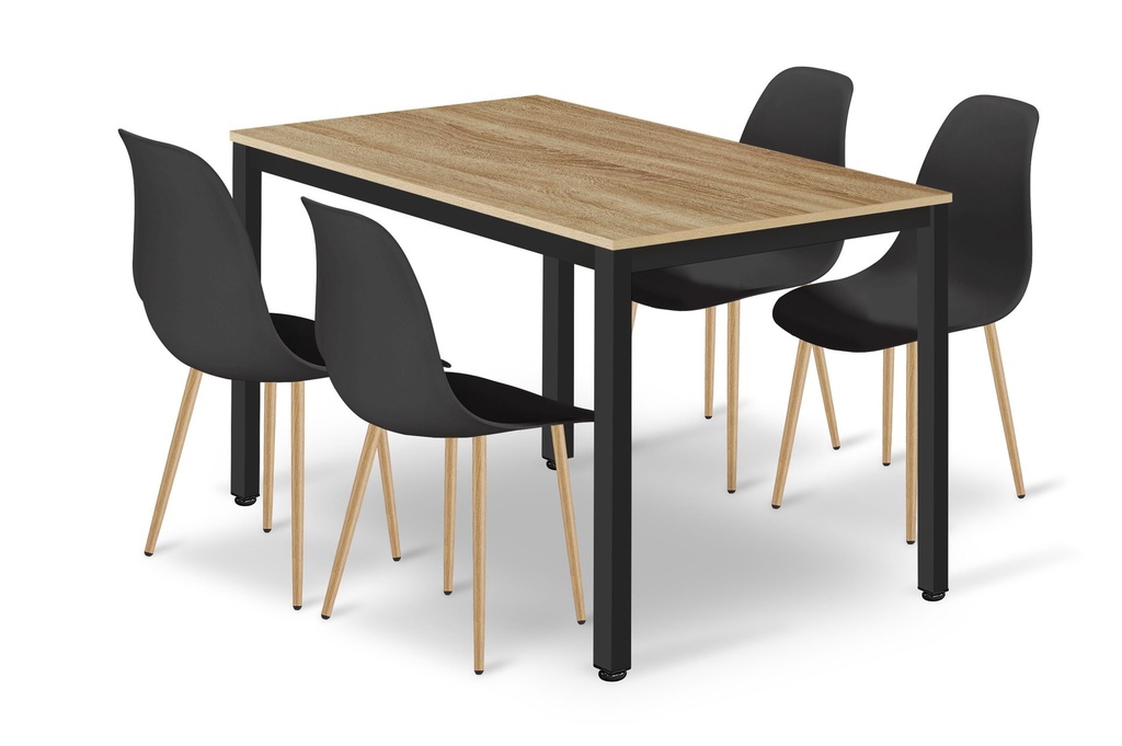 TESSA Tischset 120 cm x 60 cm – Sonoma-Eiche / schwarze Beine + 4 schwarze WAT-Stühle / natürliche Beine