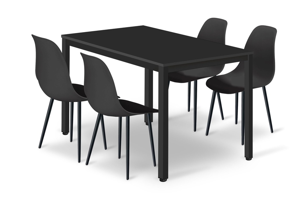 TESSA Tischset 120 cm x 60 cm – schwarz / schwarze Beine + 4 WAT-Stühle schwarz / schwarze Beine
