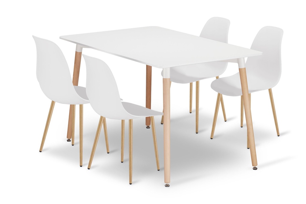 [model_3323_1-ADRIA-TRX12080+4053_4-WAT-VOL110] ADRIA Tischset 120cm x 80cm - weiß + 4 WAT weiße Stühle / Naturbeine