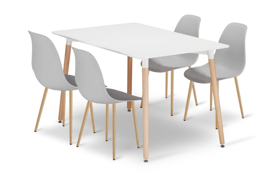 [model_3323_1-ADRIA-TRX12080+4054_4-WAT-VOL110] ADRIA Tischset 120 cm x 80 cm – weiß + 4 graue WAT-Stühle / natürliche Beine
