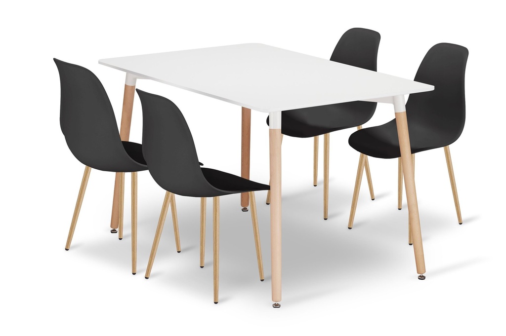 ADRIA Tischset 120cm x 80cm - weiß + 4 WAT Stühle schwarz / Beine natur