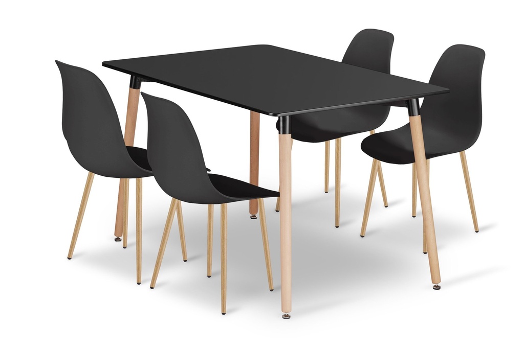 ADRIA Tischset 120cm x 80cm - schwarz + 4 WAT Stühle schwarz / Beine natur