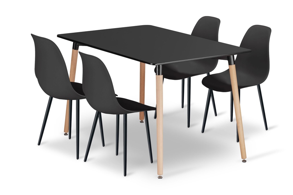 [model_3328_1-ADRIA-TRX12080+4068_4-WAT-VOL110] ADRIA Tischset 120cm x 80cm - schwarz + 4 WAT schwarze Stühle / schwarze Beine