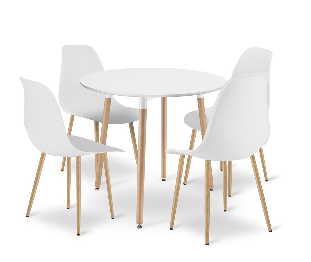 KAMI Tischset rund 80 cm – weiß / natürliche Beine + 4 WAT-Stühle weiß / natürliche Beine