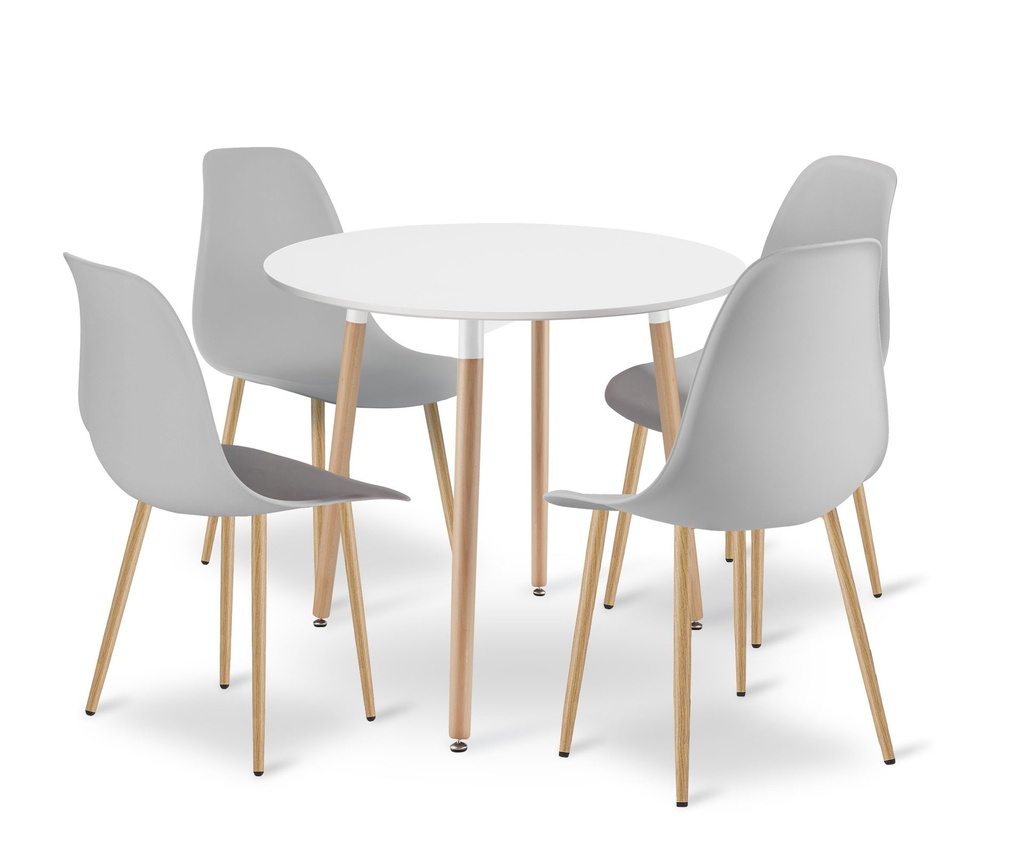 KAMI Tischset rund 80 cm – weiß / natürliche Beine + 4 WAT-Stühle grau / natürliche Beine