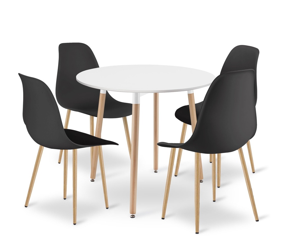 KAMI Tischset rund 80 cm – weiß / natürliche Beine + 4 WAT-Stühle schwarz / natürliche Beine