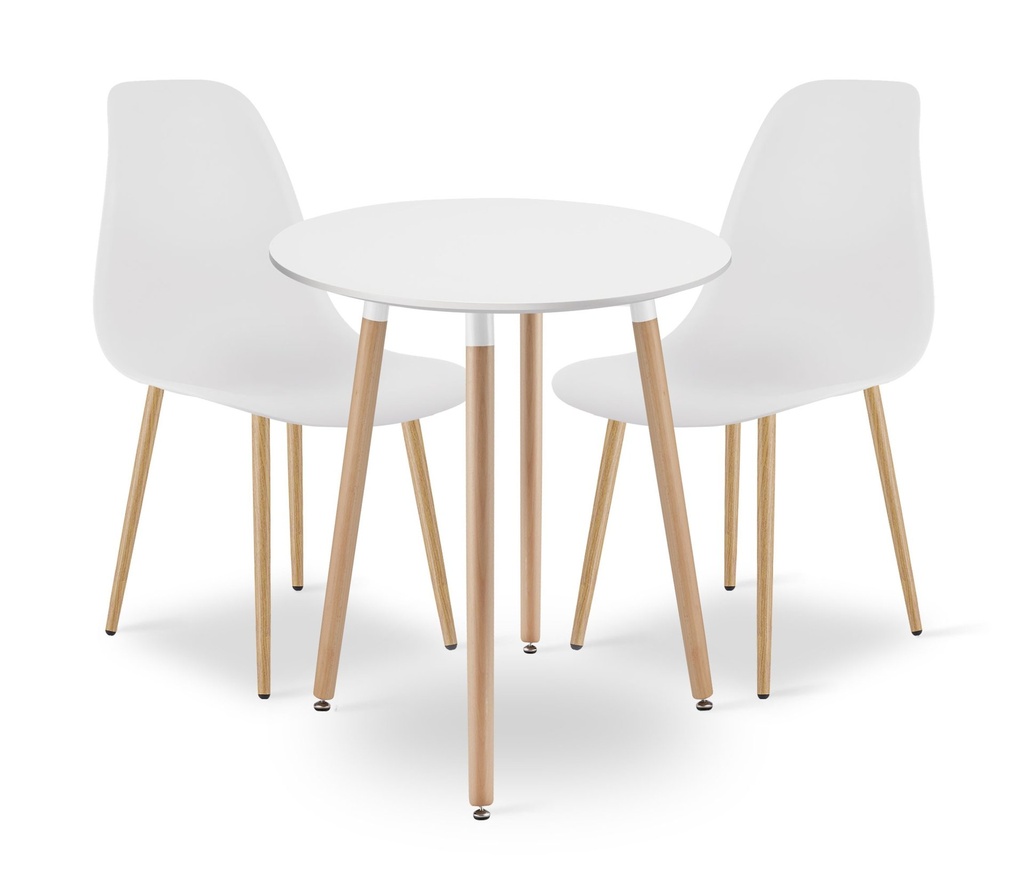 KAMI Tischset rund 60 cm – weiß / natürliche Beine + 2 WAT-Stühle weiß / natürliche Beine