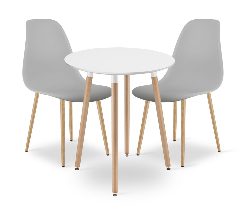 KAMI Tischset rund 60 cm – weiß / natürliche Beine + 2 WAT-Stühle grau / natürliche Beine