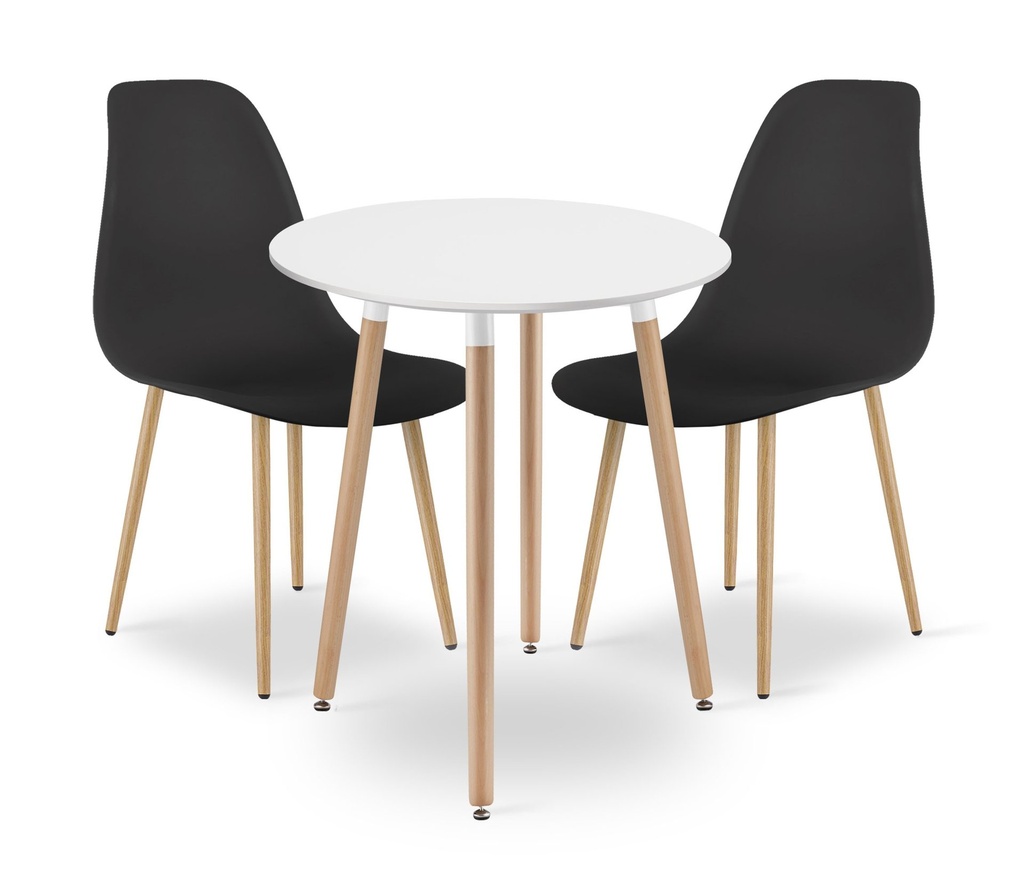 KAMI Tischset rund 60 cm – weiß / natürliche Beine + 2 WAT-Stühle schwarz / natürliche Beine