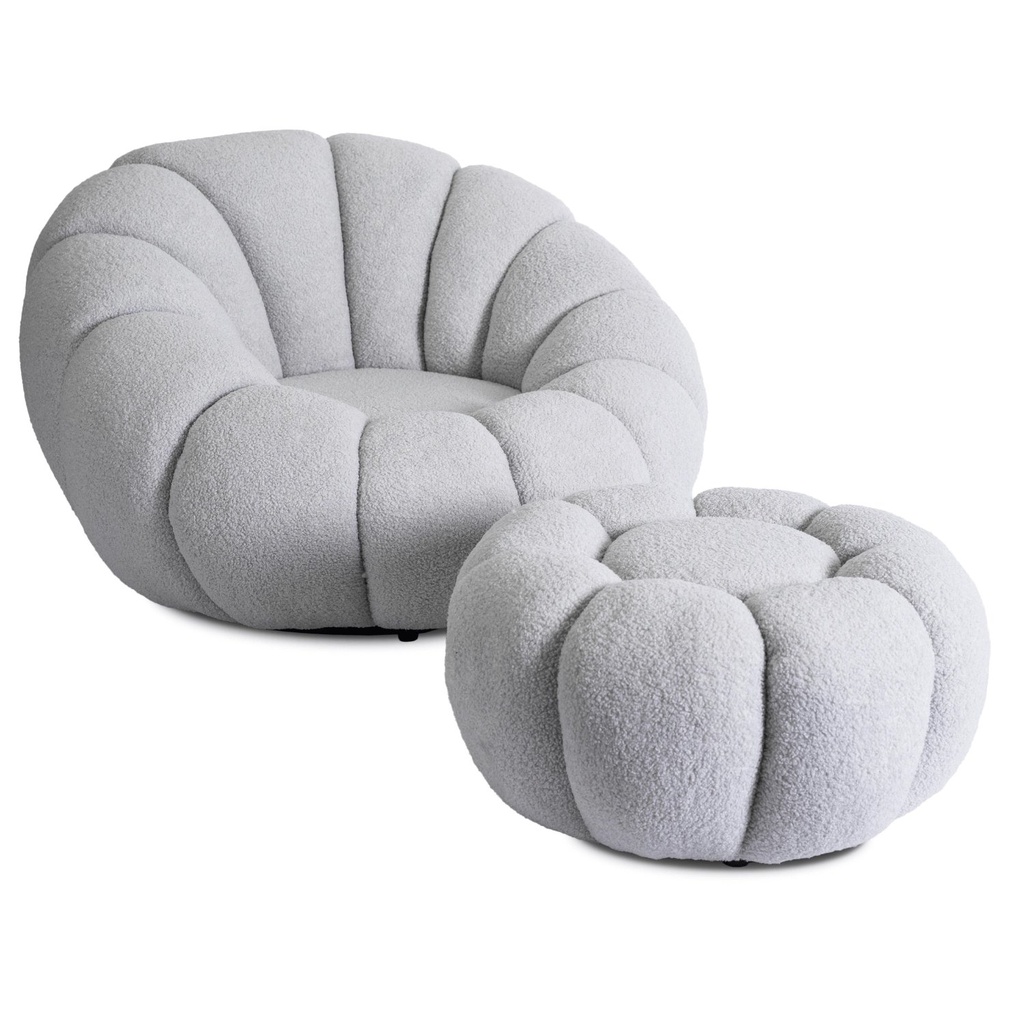 [ME.PETTIT/P/TB/FW] Drehbarer Lounge-Sessel PETTIT mit grauem Bouclé-Pouf