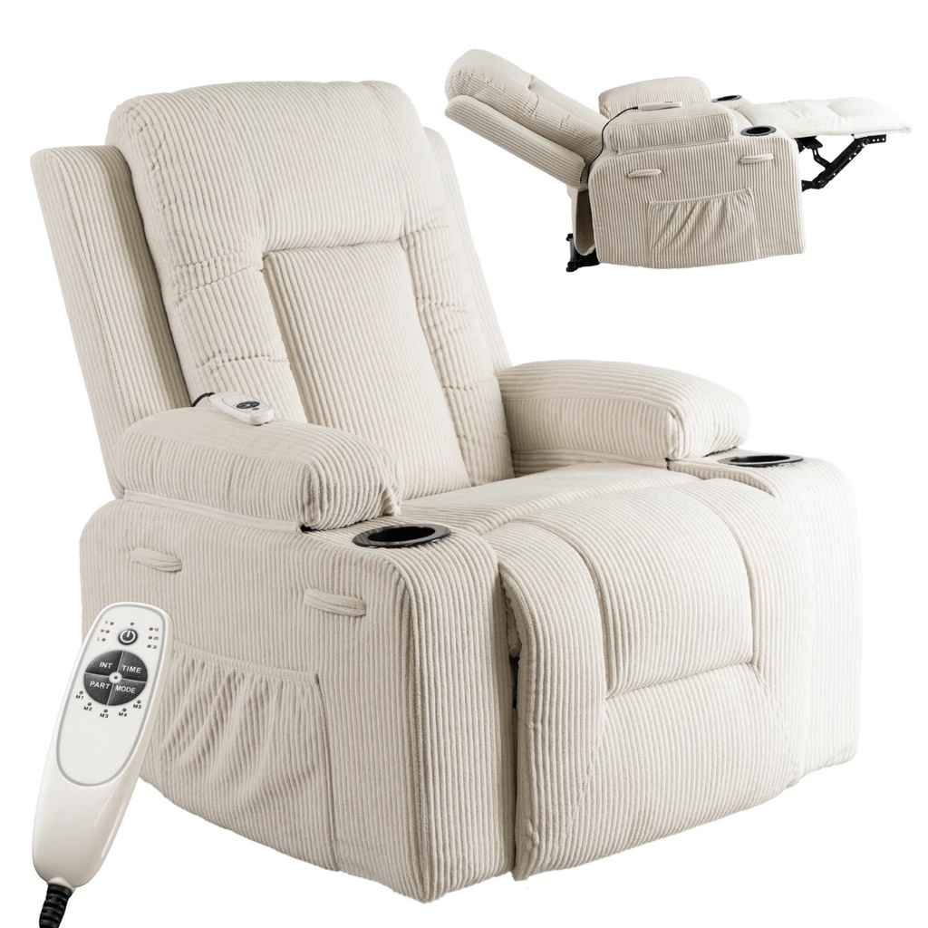 [ME.BOX2/BZ/SZTR/FW] BOX Beigefarbener Cord-Massagesessel