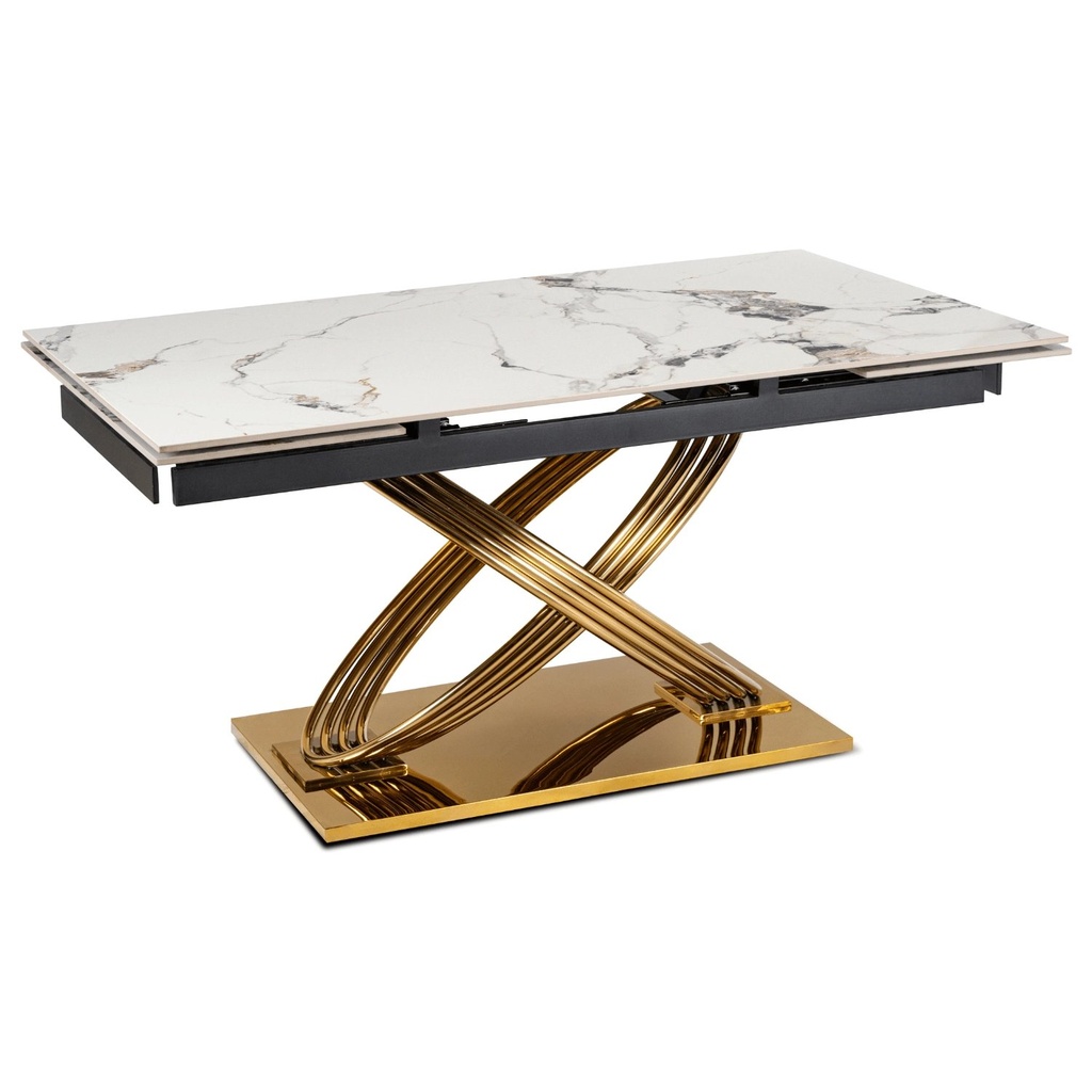 Ausziehbarer Tisch IBIZA aus Keramik, 160–240 cm, weißer Marmor/Gold